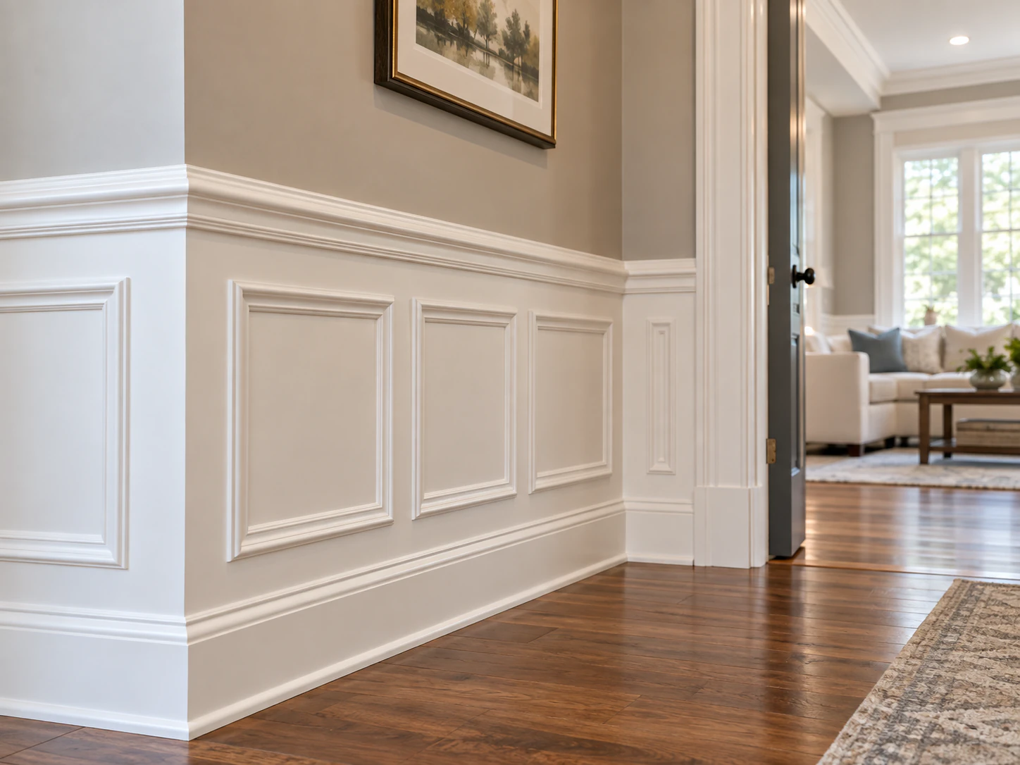Detailed white wainscoting and finish trim