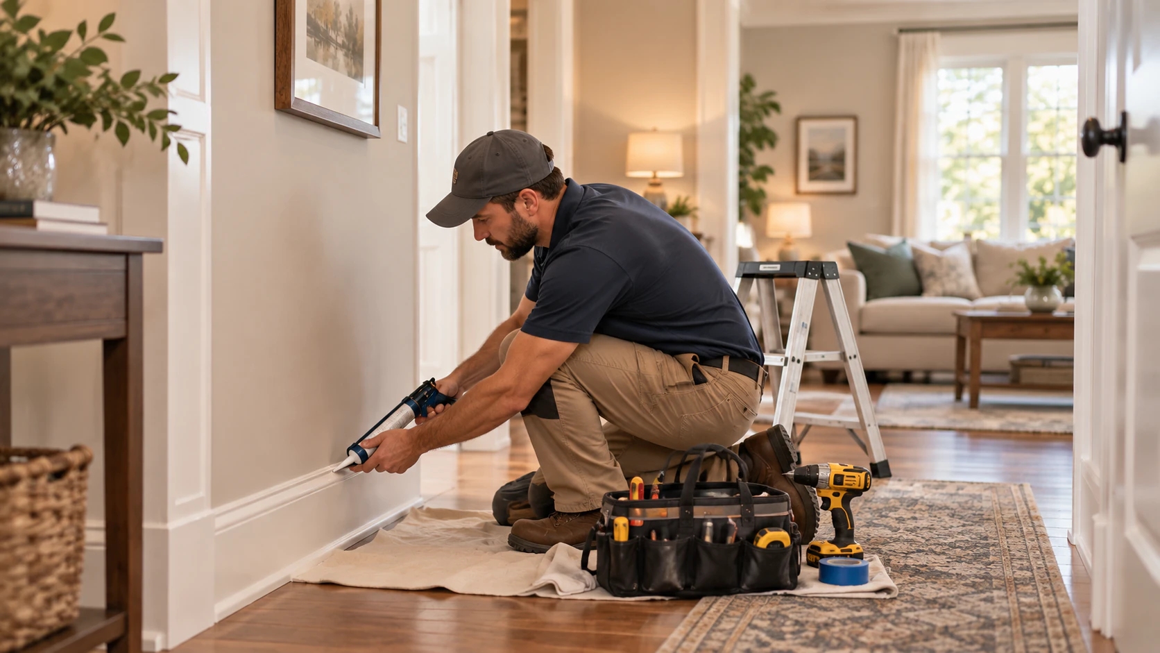 A home repair professional caulking a living room baseboard